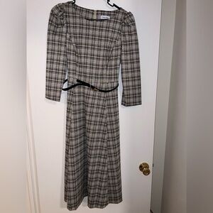 Calvin Klein Gray Plaid Dress with Black Belt